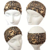 Diadema deportiva impermeable con estampado de leopardo mostrada en maniquí desde varios ángulos.