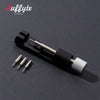 A black watchband repair tool kit with a needle and a threaded component is shown on a dark surface.