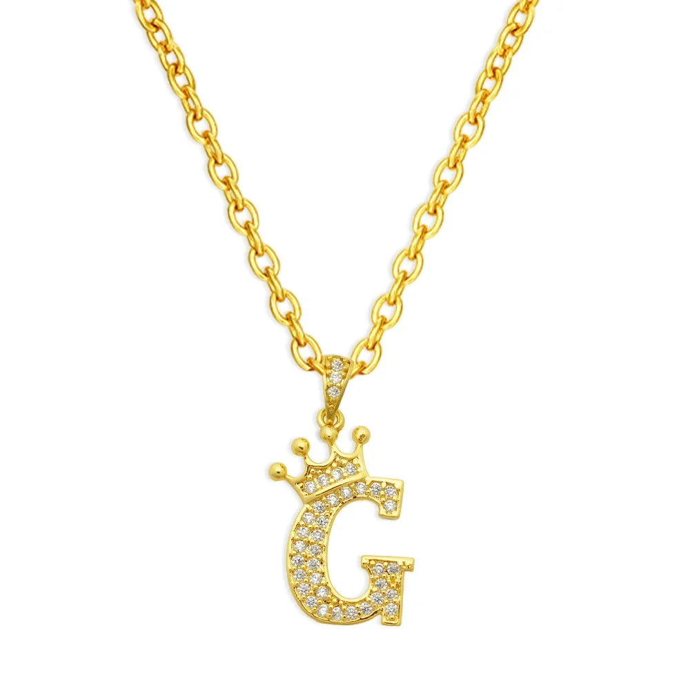 Gold chain necklace featuring a large initial letter G with a crown design.