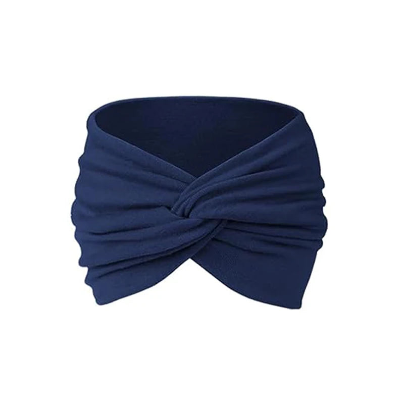 Navy blue fabric headband folded into a knot for yoga or sports