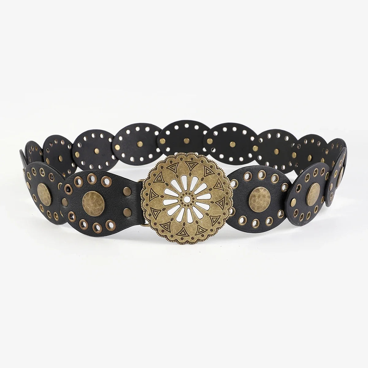 A black leather belt with round metal studs and a decorative central medallion.