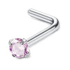 Silver surgical stainless steel nose piercing stud with a pink gemstone and curved bar.