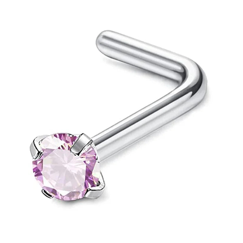 Silver surgical stainless steel nose piercing stud with a pink gemstone and curved bar.