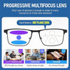 A pair of progressive multifocus lens glasses demonstrating the plano zero top lens and various use scenarios like interactin