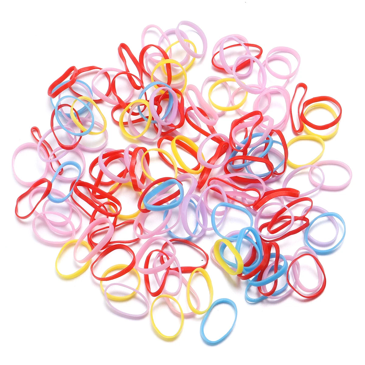 A pile of colorful elastic hair ties in various shades of pink, red, yellow, and blue.