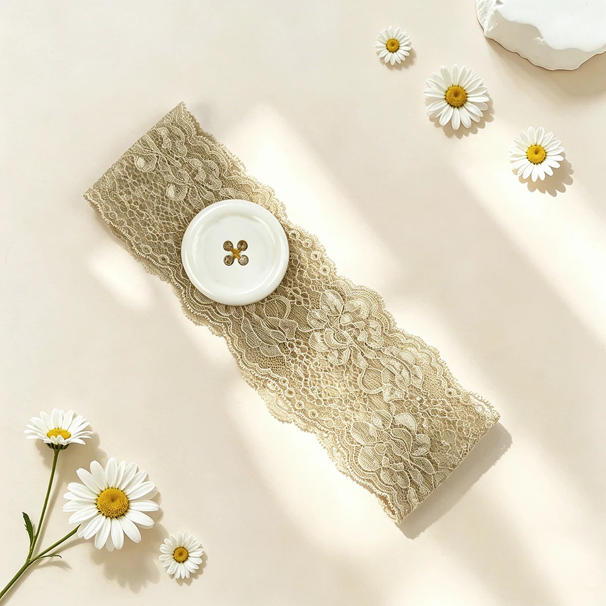 A vintage polka dot button headband displayed on a light background with white daisies and lace fabric.