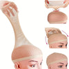 A close-up view of a natural nude wig cap for long hair, showing the mesh fabric and elastic band.
