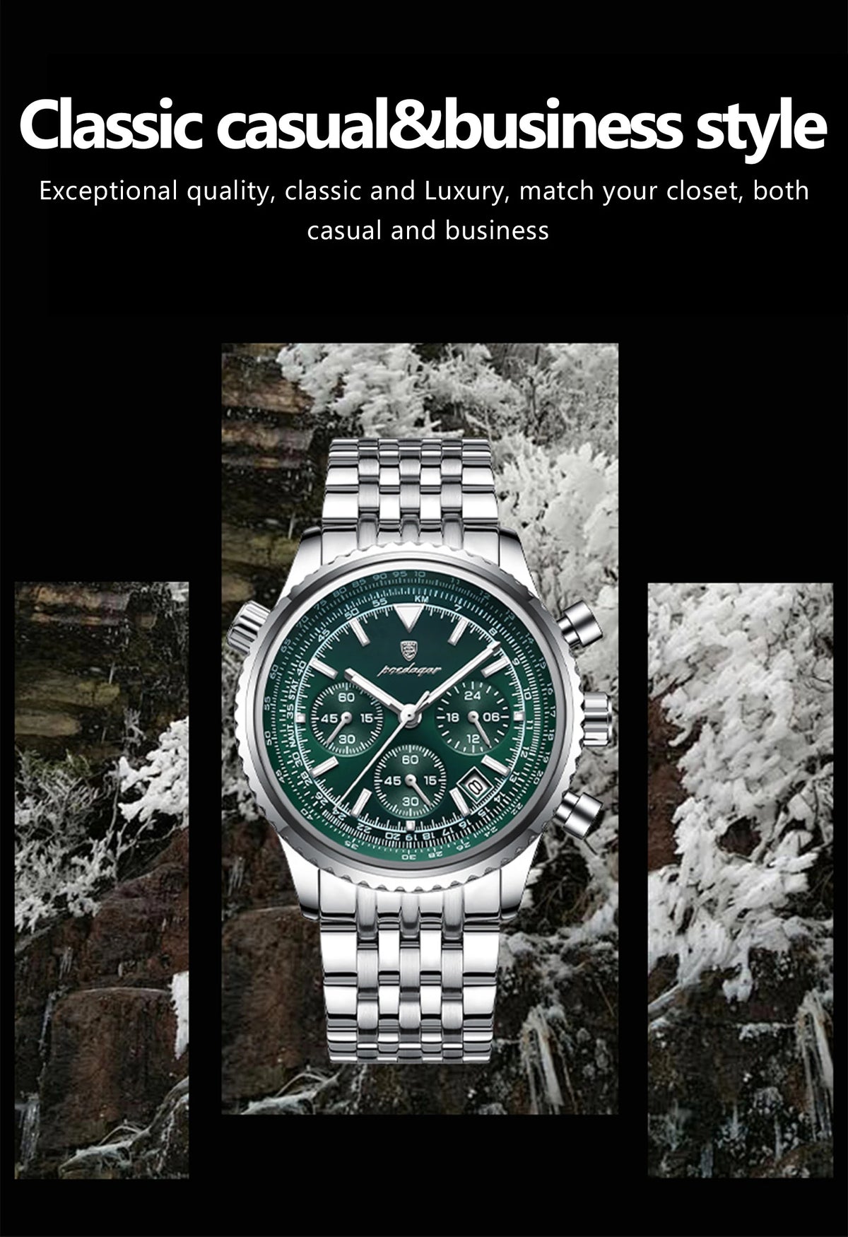 Reloj cronógrafo de lujo plateado para hombre con esfera verde contra un fondo oscuro y texturizado.