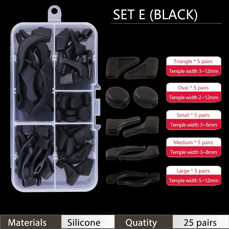 Set E black silicone ear grip hooks for glasses and sunglasses with various sizes
