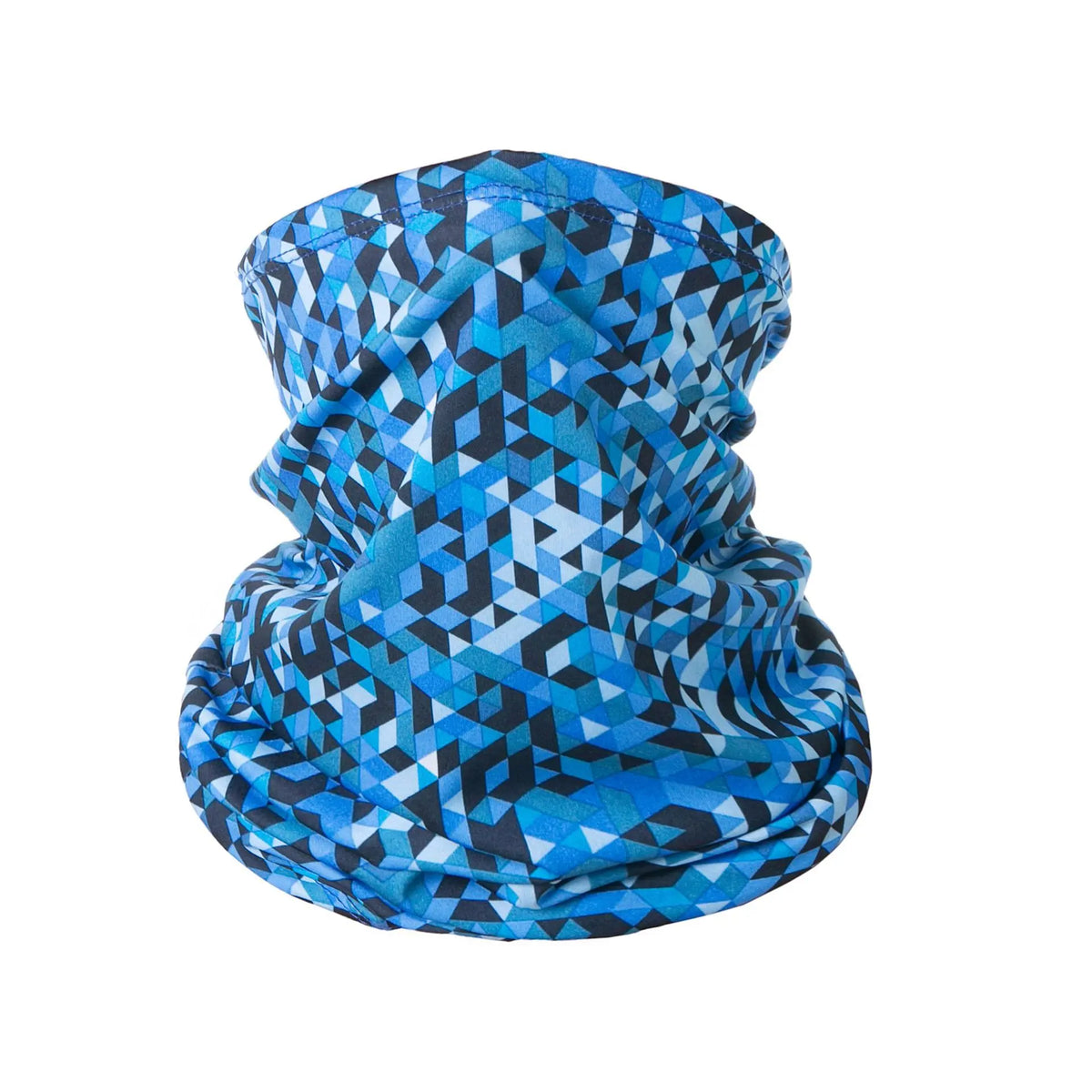 A blue and black geometric patterned multi-use sun protection head scarf.