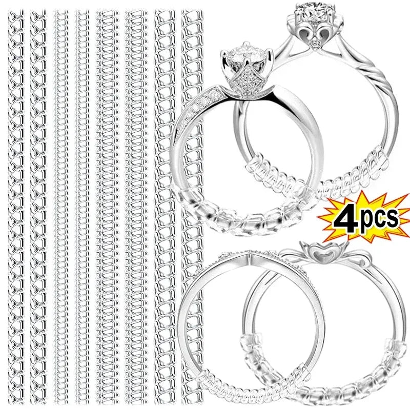 A set of four invisible ring sizer tools including rings and a measuring tool.