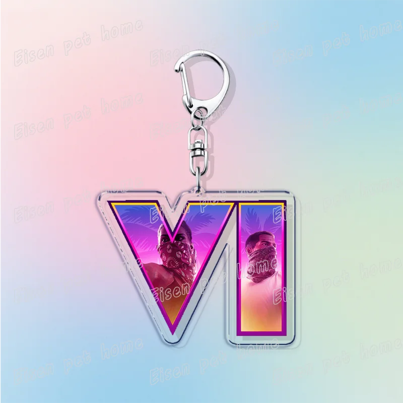 Silver pendant keychain featuring a stylized V and VI design with purple and orange accents.