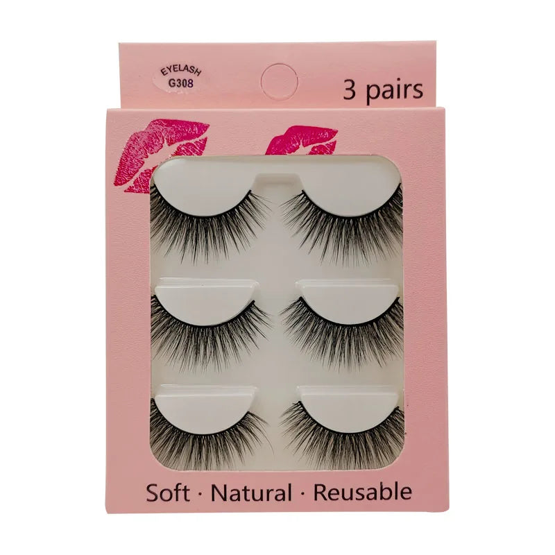A box of 3 pairs of soft natural reusable mink strip eyelashes.