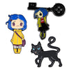 Email-Anstecknadel-Anstecknadel-Set mit einer Figur mit blauem Haar und einer schwarzen Katze.