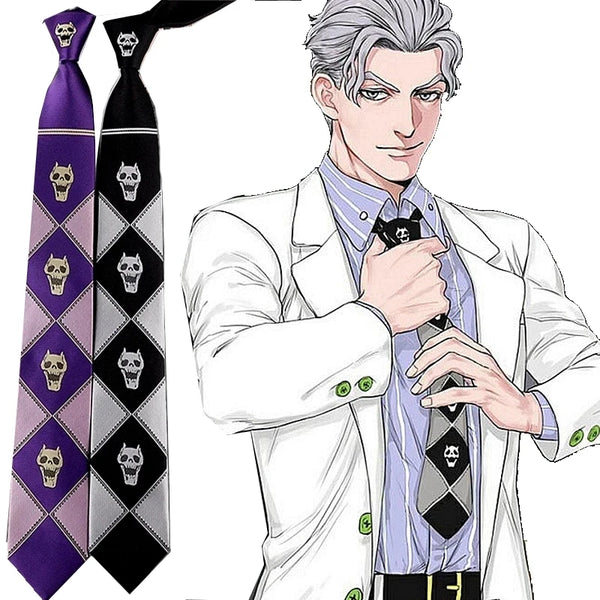 A man wearing a white suit jacket and tie with a skull motif, alongside several purple and black ties.