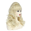 A long wavy blonde wig styled in a big bouffant beehive look displayed on a mannequin head.