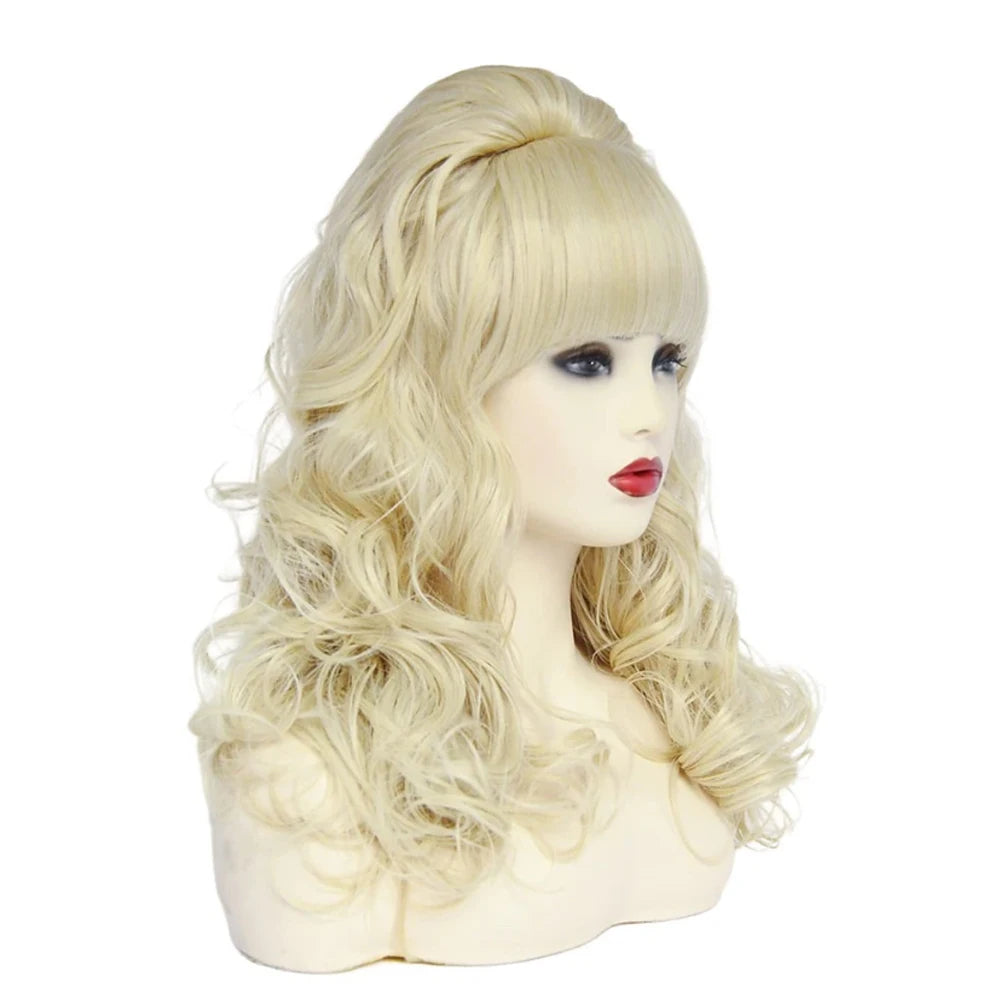 A long wavy blonde wig styled in a big bouffant beehive look displayed on a mannequin head.