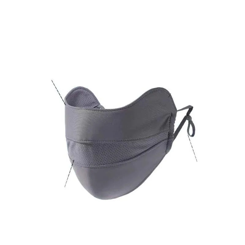 A gray breathable ice silk UV protection face mask with adjustable ear loops.