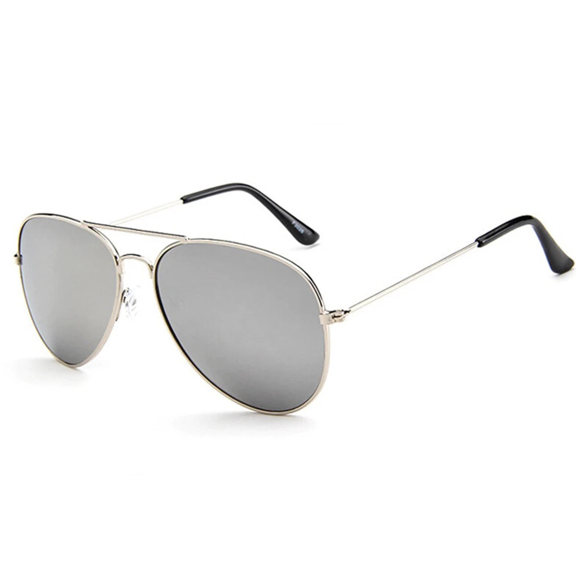 Men's aviator sunglasses with silver frames shown against a white background.