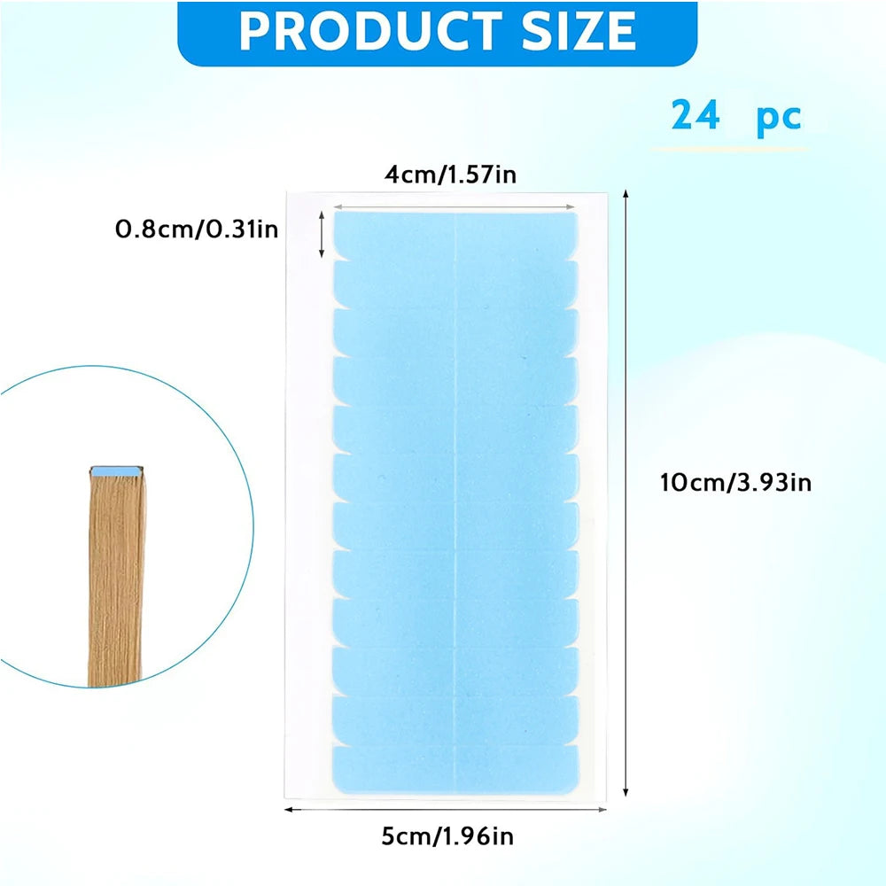 A sheet of light blue double-sided hair extension adhesive tape, measuring 5cm by 10cm, with individual strips shown.