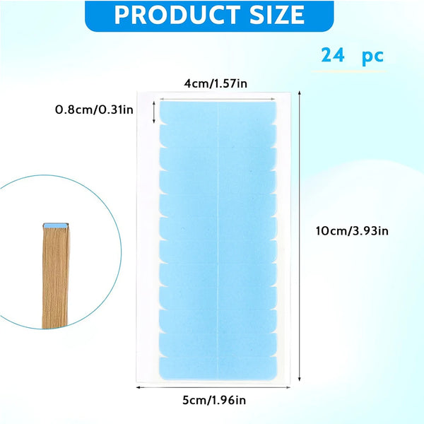 A sheet of light blue double-sided hair extension adhesive tape, measuring 5cm by 10cm, with individual strips shown.