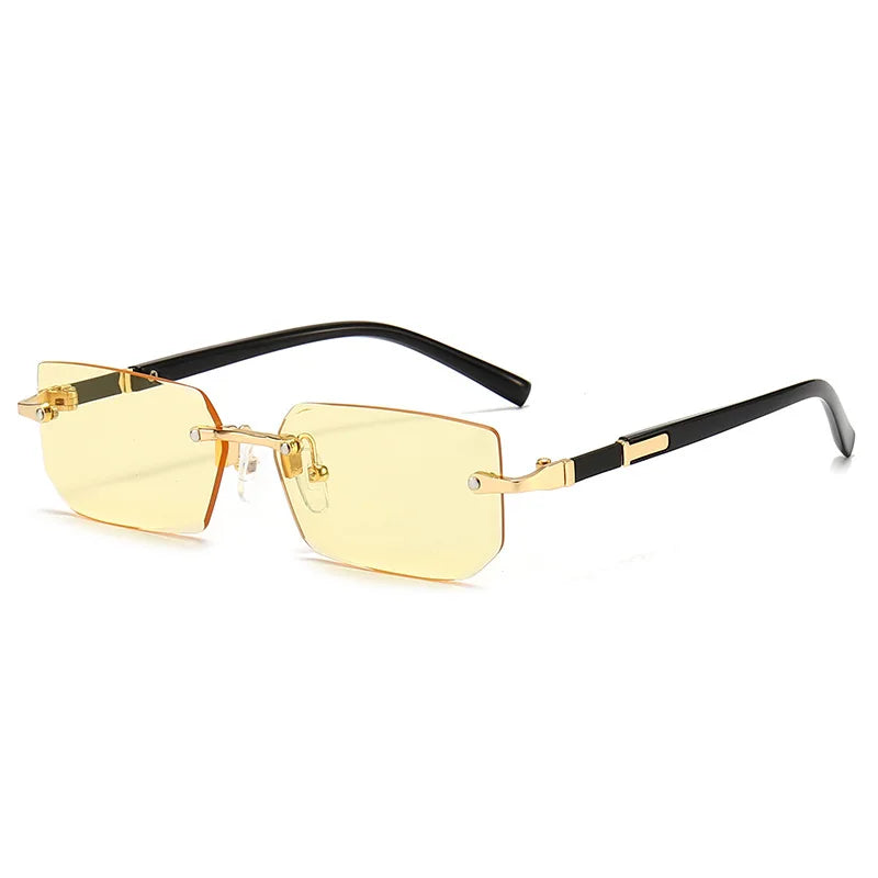Rimless rectangle sunglasses with gold accents and black frames