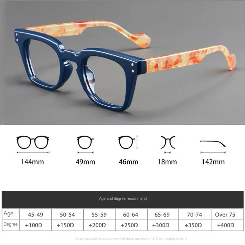 Paire de lunettes de lecture avec des montures orange et bleu, montrant différentes mesures.