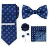 A navy blue men's formal tie and accessory set featuring a patterned tie, bow tie, and pocket square.