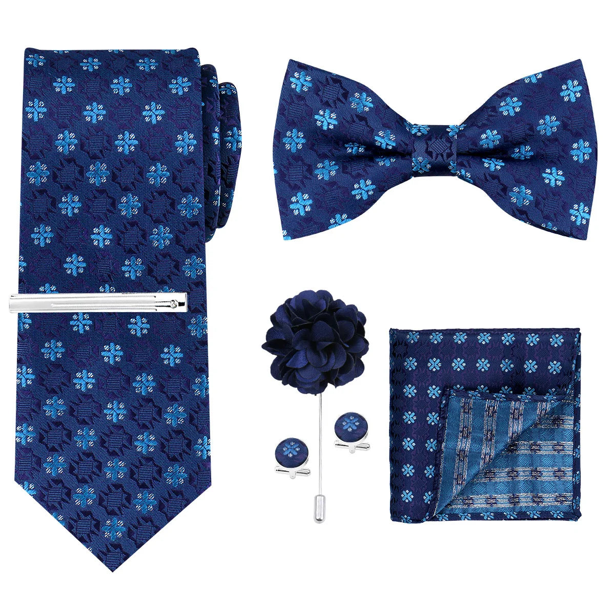 A navy blue men's formal tie and accessory set featuring a patterned tie, bow tie, and pocket square.