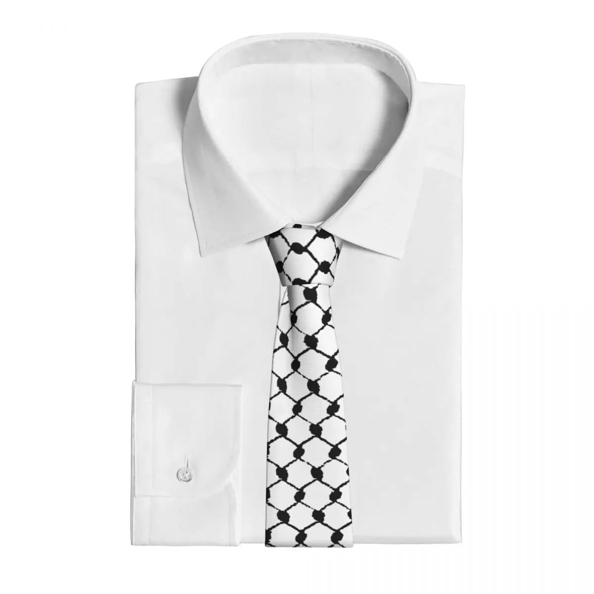 White dress shirt with a black and white patterned neck tie