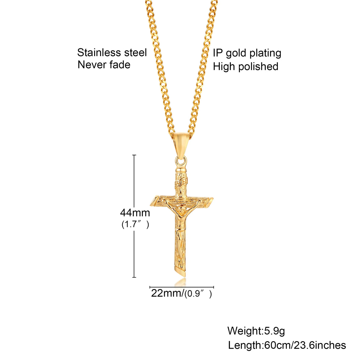 A gold-plated stainless steel cross necklace with a high polished finish and 60cm length.