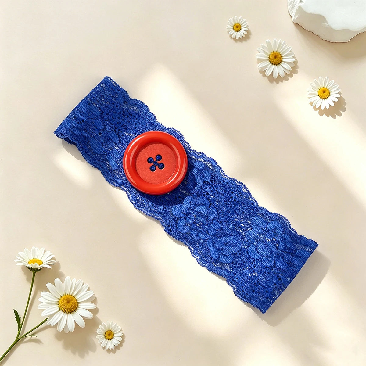 A royal blue lace headband with a red polka dot button, surrounded by white daisies.