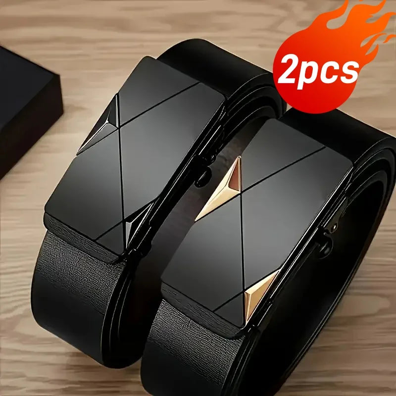 Two black men's automatic buckle casual belts are shown on a wooden surface.