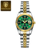 A stainless steel quartz ladies wristwatch featuring a gold-tone bracelet and a green dial with luminous markers.