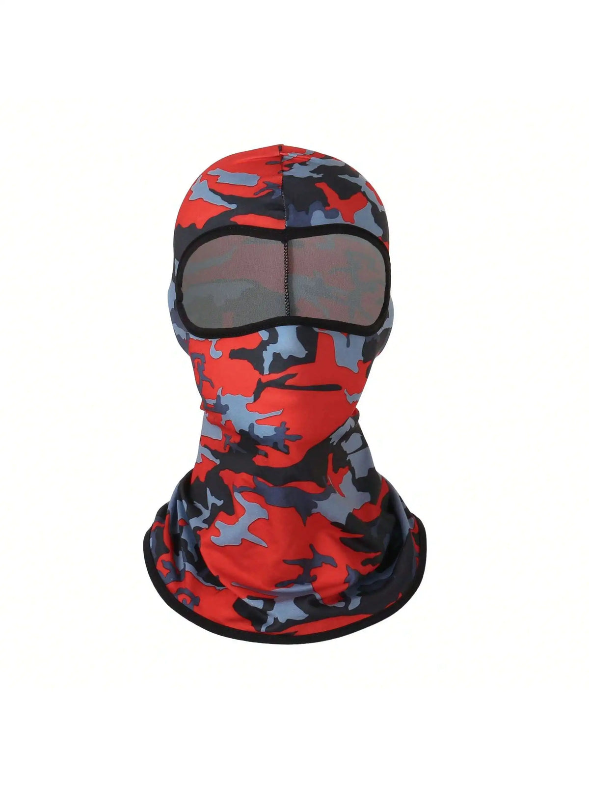 A red and black camouflage balaclava cap worn by a person.