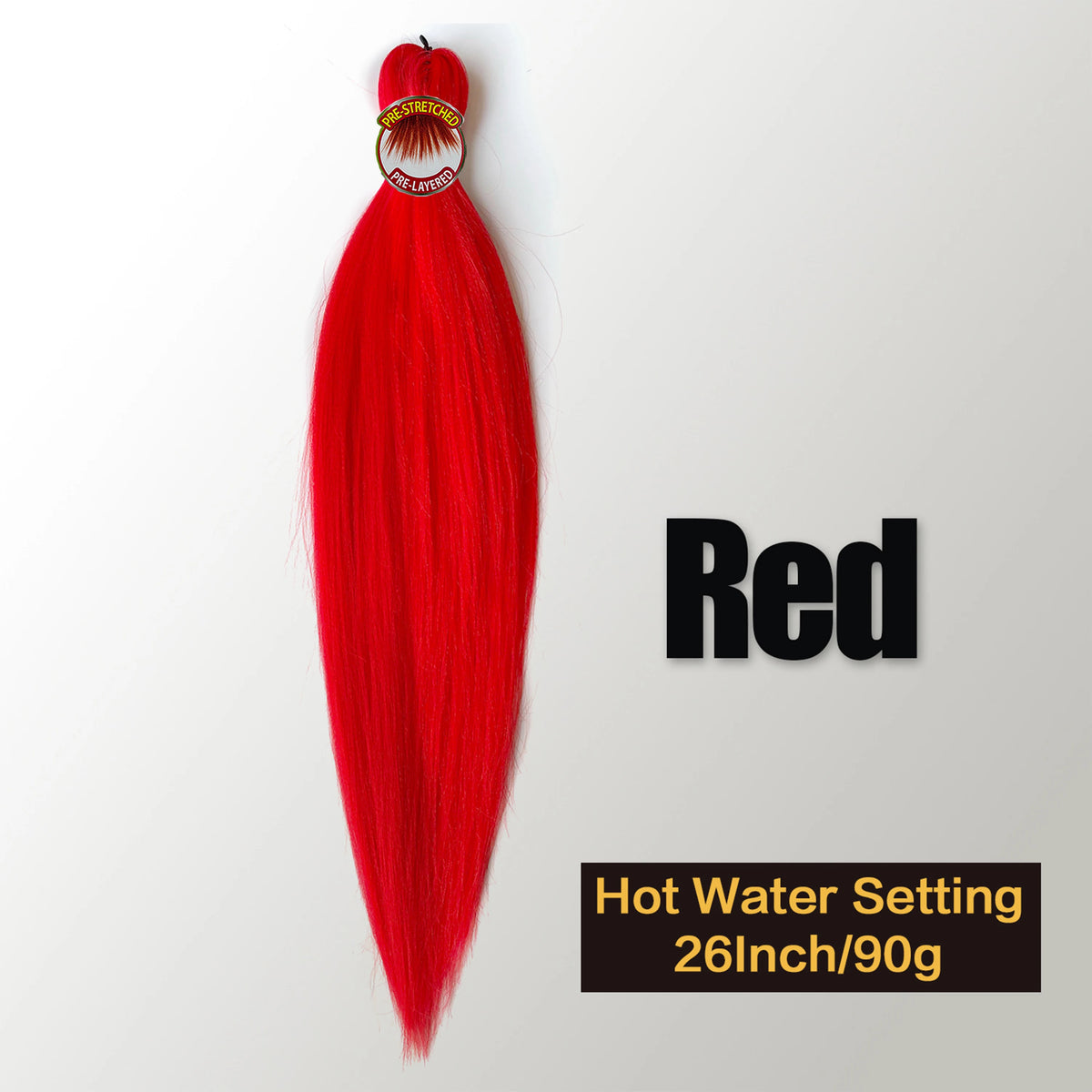 A vibrant red pre-stretched Kanekalon braiding hair extension displayed against a white background.