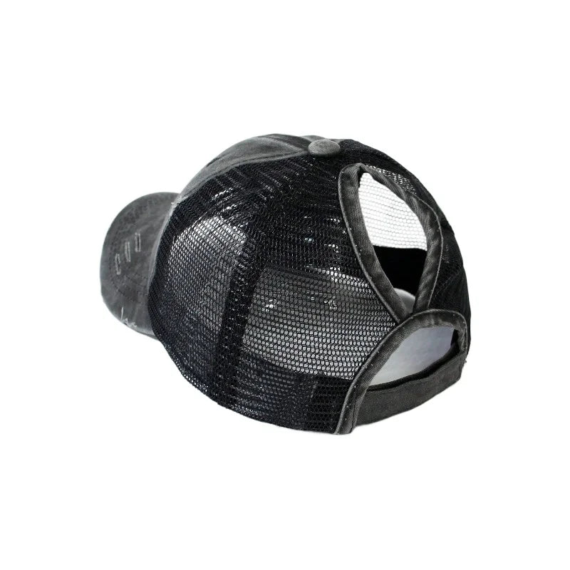 Black vintage mesh baseball cap viewed from above