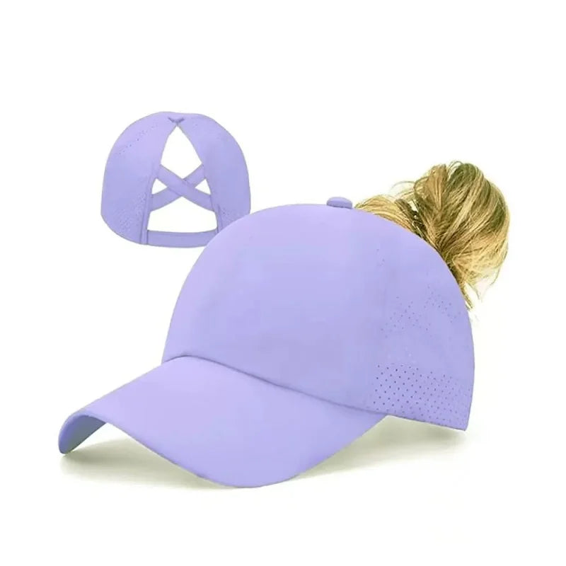 A purple breathable mesh criss-cross baseball cap shown from the back view.
