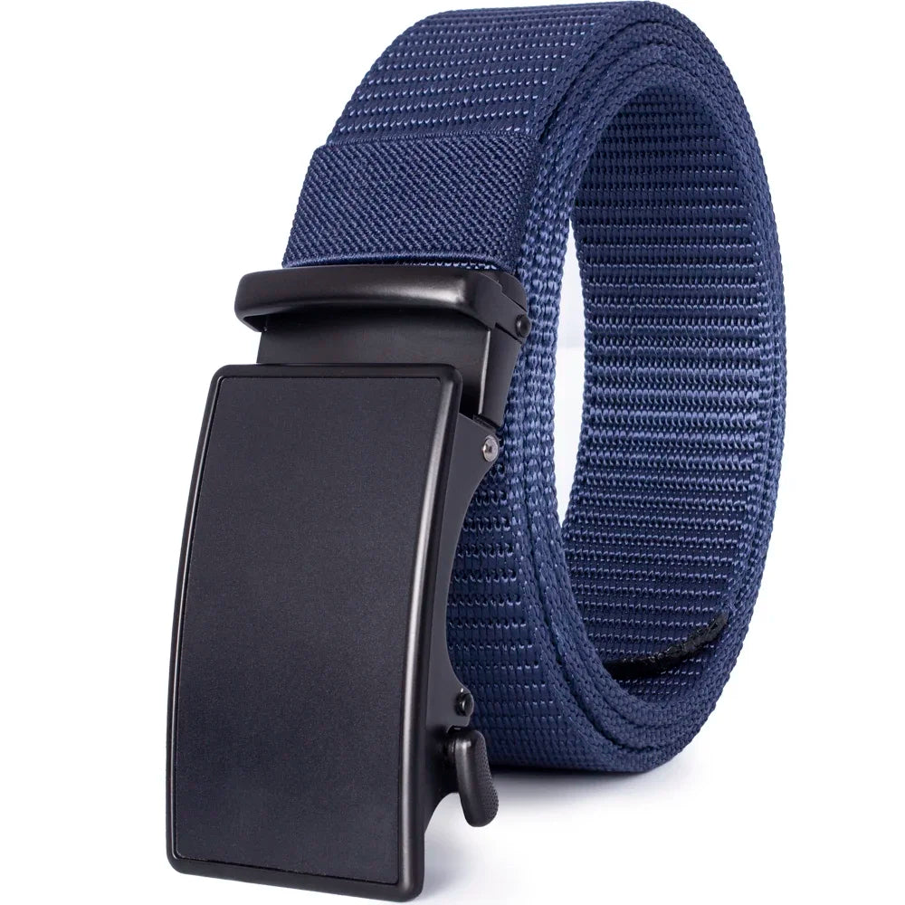 A dark blue tactical canvas utility belt with a black buckle and woven strap.