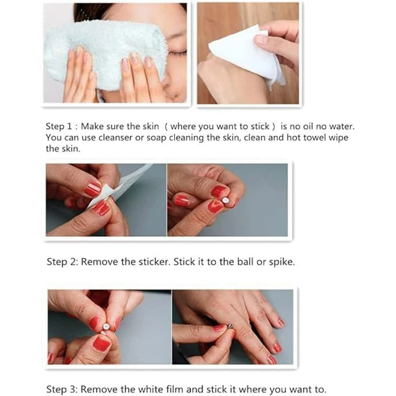 Step-by-step instructions showing how to remove and stick replacement fake eyebrow and lip labret studs.