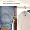 A brown leather belt is shown next to a denim jacket and a white t-shirt.