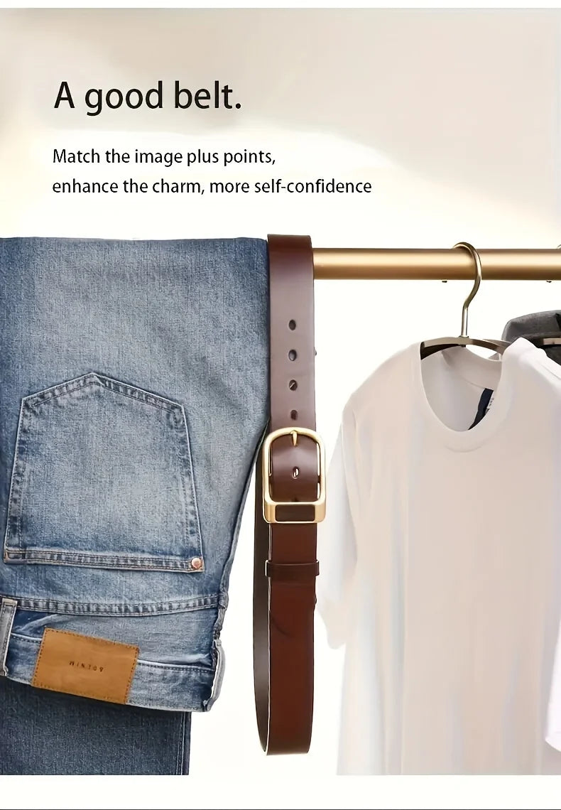 A brown leather belt is shown next to a denim jacket and a white t-shirt.