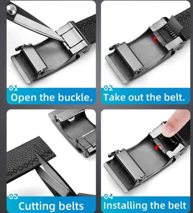Step-by-step guide showing how to open, remove, cut, and install a genuine leather buckle belt for men.