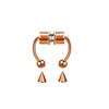 A pair of gold-toned hoop nose rings with a hinged design.