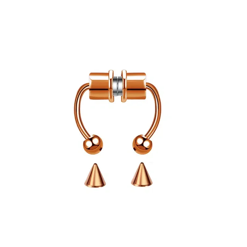 A pair of gold-toned hoop nose rings with a hinged design.
