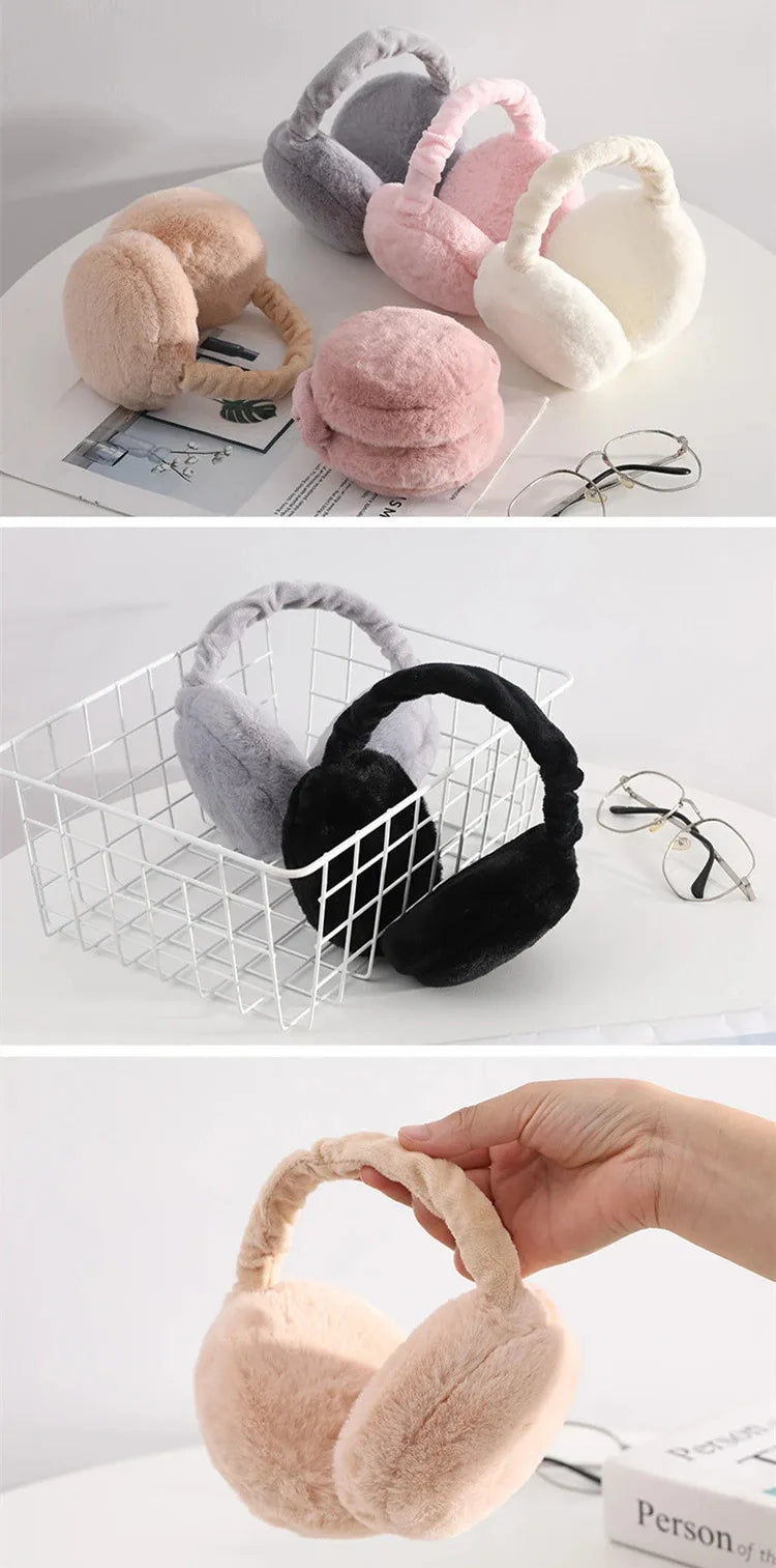 A collection of plush fur ear warmers and earmuffs in various shades of pink, beige, and black displayed on a white surface.