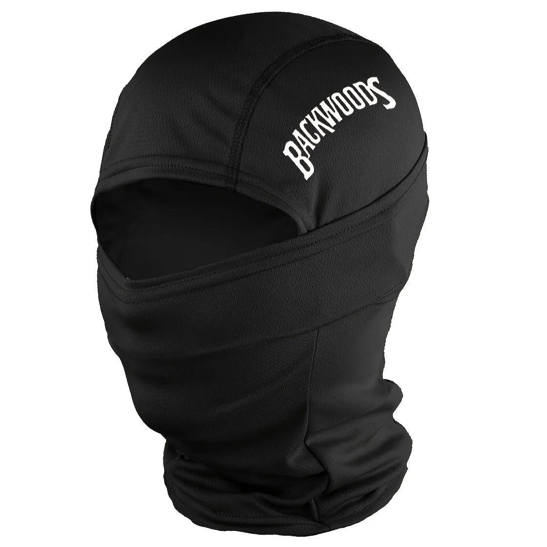 Black breathable windproof balaclava hat with the word Backwoods printed on the forehead