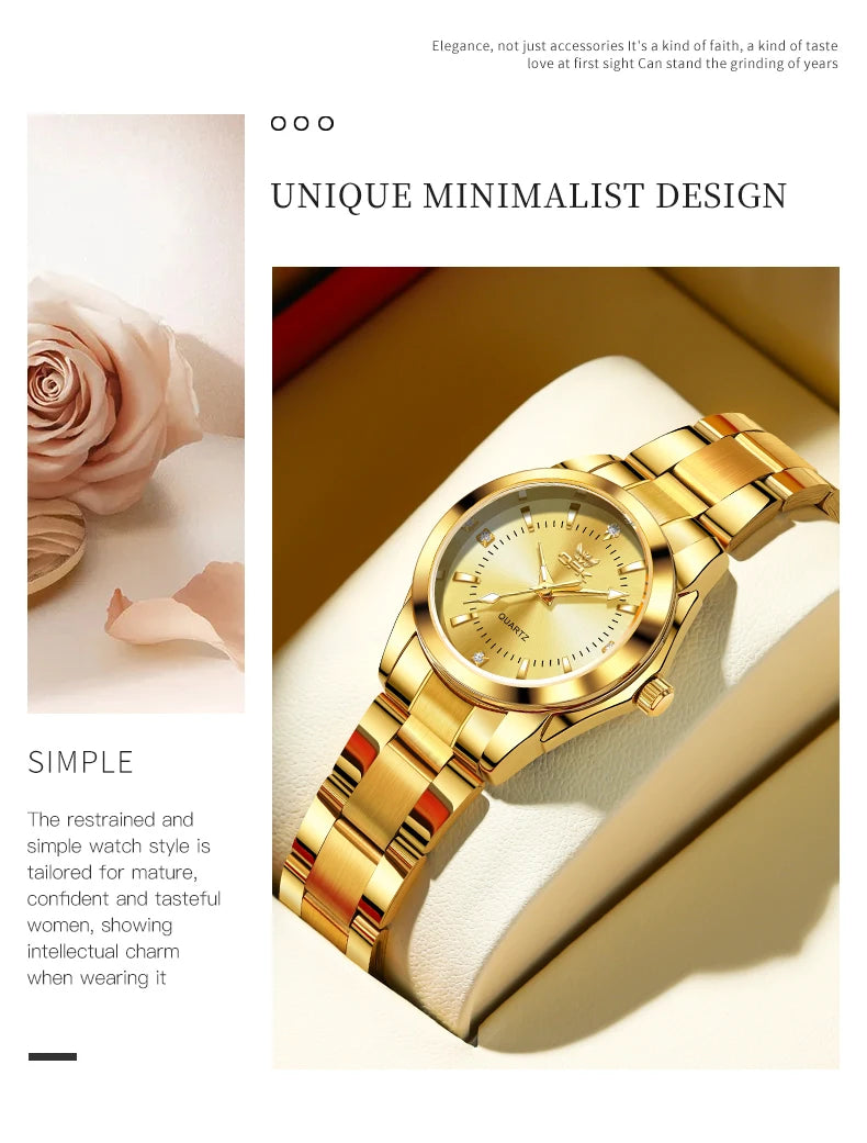 A close-up of a gold-toned luminous quartz watch with a leather strap resting on a cream-colored surface.
