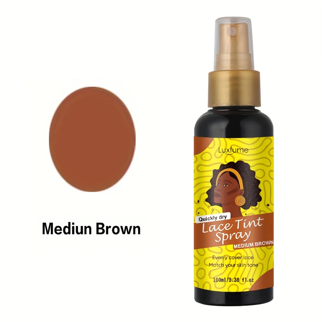 A bottle of Luxfume Medium Brown Lace Tint Spray with a gold pump dispenser.