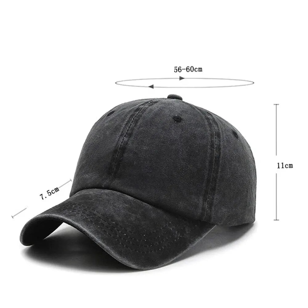 A black casual baseball cap shown from the side with dimension markings.